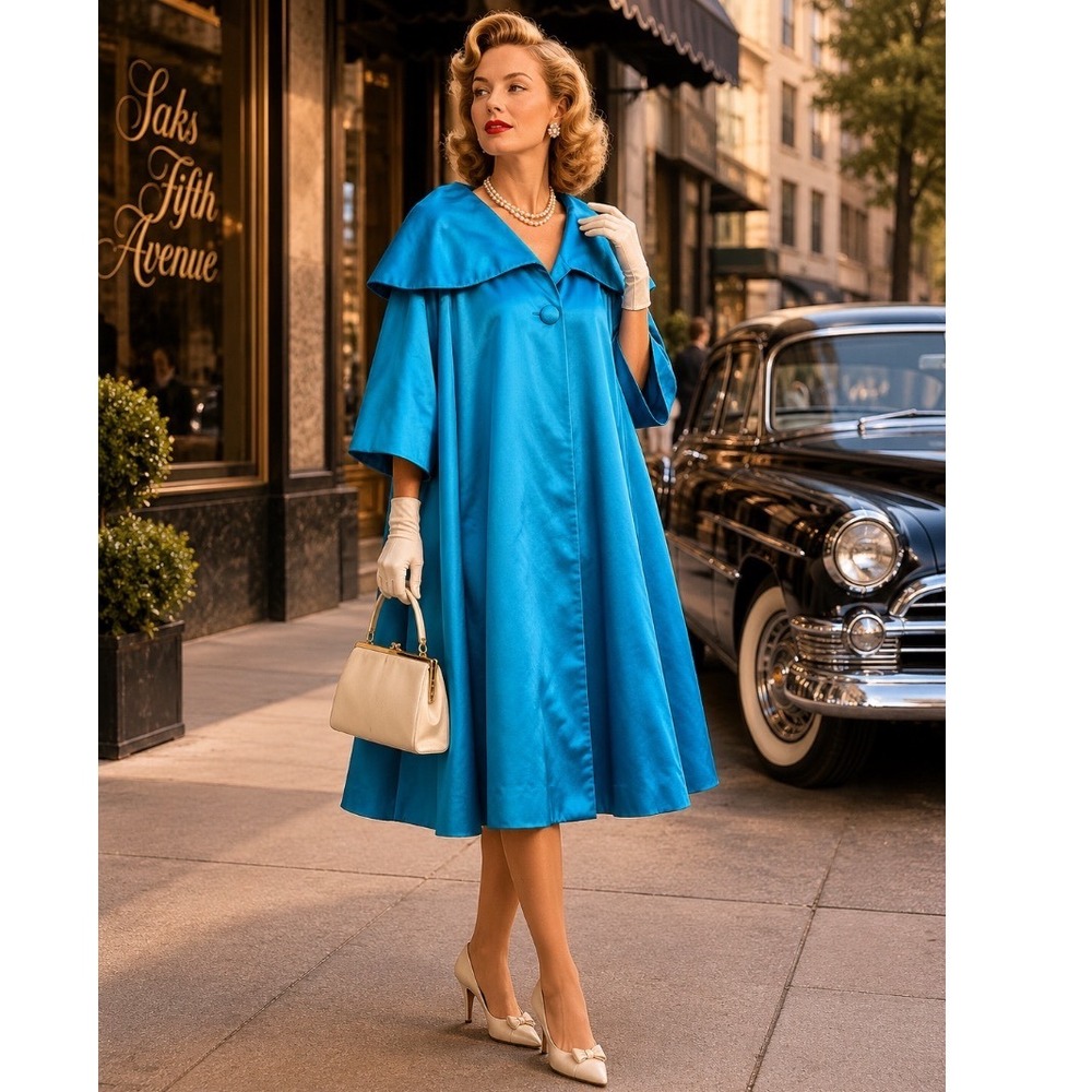 Vintage‎ 50s swing Opera coat Satin Blue Sz L round collar B Forman Co.